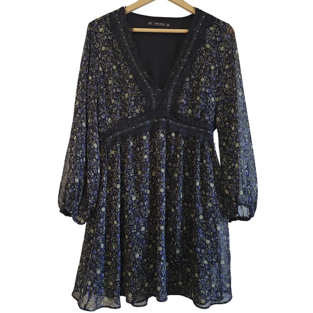 Zara Basic Medium Sheer Black Floral Boho Babydoll Mini Dress